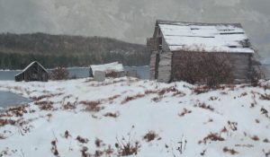 Allen Smutylo: WINTER SCENE, OUTBUILDINGS BY A LAKE