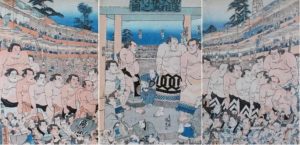 Utagawa Kunisada (Tokoyuni III): A COMPLETE VIEW OF THE KANJIN SUMO PERFORMANCE (1829)
