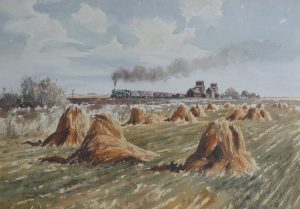Don Frache: PRAIRIE SCENE WITH STOOKS, TRAIN AND GRAIN ELEVATORS