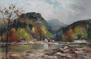 Geza (Gordon) Marich: AUTUMN SCENE WITH MOUNTAINS AND CABIN