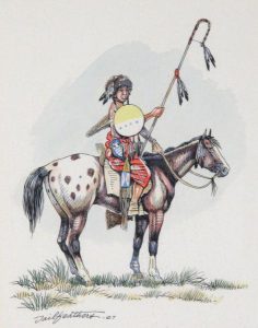 Gerald T. Tailfeathers: YOUNG BRAVE ON AN APALOOSA  |  MOUNTED ELDER WITH HEADDRESS