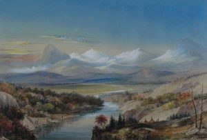 William Frederick (Washington) Friend: ENCAMPMENT BY A RIVER WITH ROCKY MOUNTAINS IN THE DISTANCE