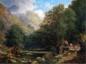British School: HILLY LANDSCAPE WITH FIGURES IN FOREGROUND