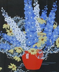 Alfred Joseph Casson: DELPHINIUMS AND DAISIES IN A RED VASE