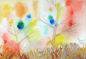 Janet Mitchell: OWLS AND BIRDS IN AUTUMN TREES