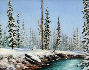 Duncan Mackinnon Crockford: RIVER SCENE WITH SNOW-CAPPED PINES