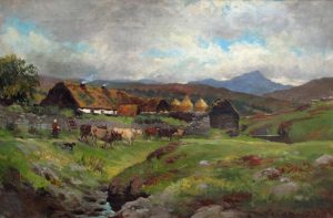 John Milne Donald: HIGHLAND CROFT WITH CATTLE BY A BROOK