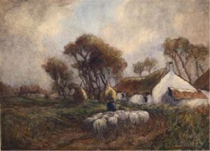 Georges Chavignaud: COTTAGE WITH SHEPHERD AND FLOCK