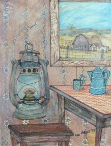 Ann Alexandra Harbuz: STILL LIFE WITH OIL LAMP AND COFFEE POT, OVERLOOKING THE FARMYARD