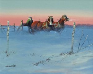 Ken Lonechild: WINTER SUNSET, HEADING HOME WITH THE HORSES