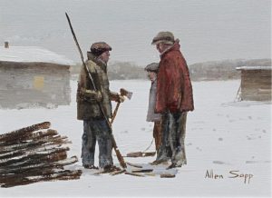 Allen Sapp: MAN CHOPPING UP WOOD & TALKING WITH NEIGHBORS