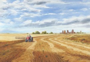 Don Frache: SWATHING SCENE WITH GRAIN ELEVATORS