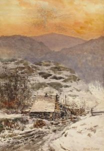 Aaron Allan Edson: WINTER SCENE WITH LOG CABIN AT SUNSET