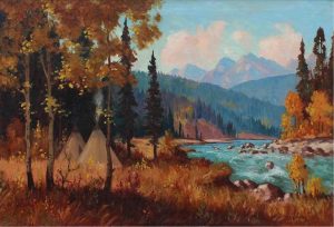 Roland Gissing: TEEPEES BY A MOUNTAIN RIVER