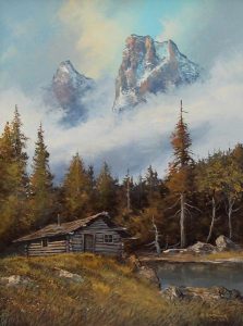 Milton Achtimichuk: CABIN WITH MOUNTAIN PEAKS IN THE MIST