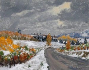 Horace Champagne: WINTER LANDSCAPE, ROAD HEADING TO THE MOUNTAINS