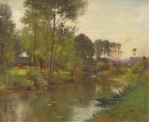 Ernest Parton: LANDSCAPE WITH CATTLE AND MAN FISHING OFF A BRIDGE