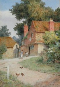 Thomas Nicholson Tyndale: A COTTAGE SCENE WITH FIGURES AND CHICKENS