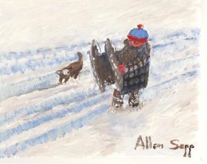 Allen Sapp: BOY GOING SLEDDING WITH HIS DOG