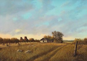 Milton Achtimichuk: FARM SCENE, STOOKS AND GRAIN ELEVATORS