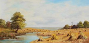 Marion E. Barker: STOOKS IN  A PRAIRIE LANDSCAPE