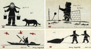 Henry Napartuk: ESKIMO WOMAN FISHING  |  ESKIMO WOMAN WITH DOG  |  2 INUK HAULING A SLED  |  INUK FISHERMAN