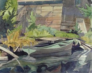 Alfred Joseph Casson: ROABOAT AT A COTTAGE DOCK