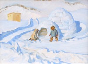 Doris Jean McCarthy: ARCTIC SCENE, CHILDREN WITH SLED BY AN IGLOO