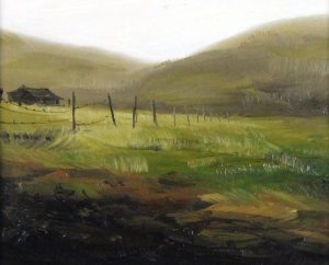 Harold Lloyd Lyon: FOOTHILLS LANDSCAPE WITH FARM BUILDING AND FENCE
