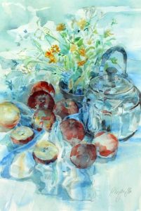 Jack Rigaux: STILL LIFE WITH TEAPOT, APPLES AND A FLOWER POT