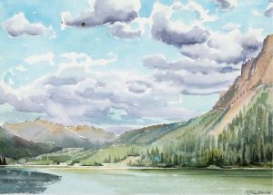 Margaret Dorothy Shelton: MOUNTAIN RIVER UNDER CLOUDY SKY