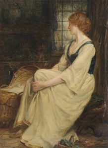 British School: PORTRAIT OF A WOMAN SEATED BY A BASSINET