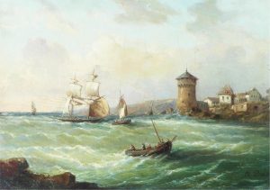 Charles Diebold: COASTAL SCENE WITH BOATS