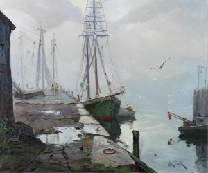 Otis Pierce Cook: HARBOUR SCENE WITH DOCKED SAILING BOATS