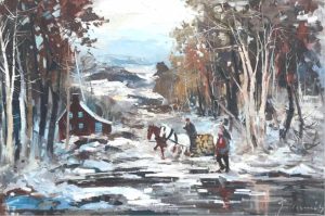 Geza (Gordon) Marich: LAURENTIAN LANDSCAPE, HORSE-DRAWN SLEIGH HAULING A LOAD OF WOOD