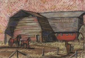 Margaret Dorothy Shelton: BARN WITH HORSES EAST OF CALGARY