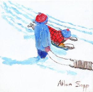 Allen Sapp: TWO KIDS SLEDDING, HAVING FUN