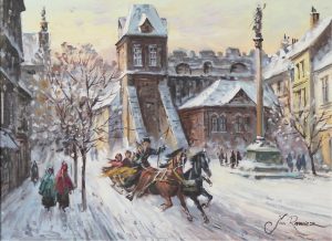 Jan Rawicz: WINTER CITY SCENE WITH TROIKA AND MONUMENT