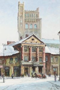 Jan Rawicz: WINTER SCENE WITH  TALL BUILDINGS AND HORSES ROUNDING THE CORNER