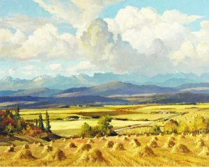 Duncan Mackinnon Crockford: (HARVEST TIME.)  A VIEW FROM THE OLD BANFF COACH ROAD.  WEST OF CALGARY. ALBERTA