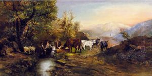 British School: UNTITLED; PEASANTS WITH CATTLE BY A STREAM
