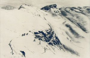 Robert Lenard: UNTITLED (SKIERS CLIMBING MOUNTAIN)