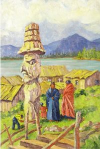 Joanna Simpson Wilson: UNTITLED (VILLAGE SCENE-FIGURES BY A TOTEM POLE)