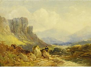 Joseph Horlor (attributed to): UNTITLED (FISHERMAN IN A ROCKY LANDSCAPE)