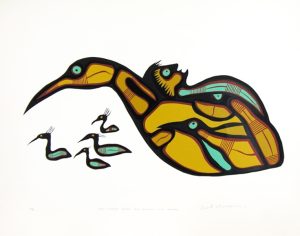 Norval H. Morrisseau: LOON TOTEMIC SPIRIT AND GREBES WITH HUMAN