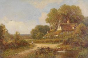 Robert Robin Fenson: FIGURE AND DUCKS BY A COTTAGE