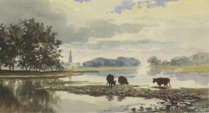Marmaduke Matthews: CATTLE WATERING BY A STILL RIVER