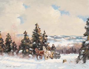 Bruce Mitchell: WINTER LOGGING SCENE WITH HORSE TEAM AND SLEIGH, QUEBEC