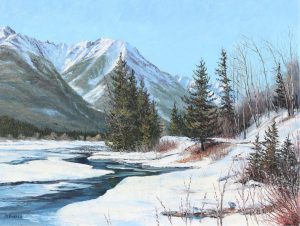 Marion E. Barker: EARLY PUSSYWILLOWS, VERMILLION LAKE AND SUNDANCE RANGE, BANFF