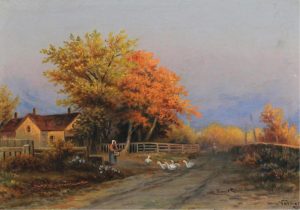 Frederick Arthur Verner: FARMHOUSE WITH FIGURES AND GEESE ON A COUNTRY PATH